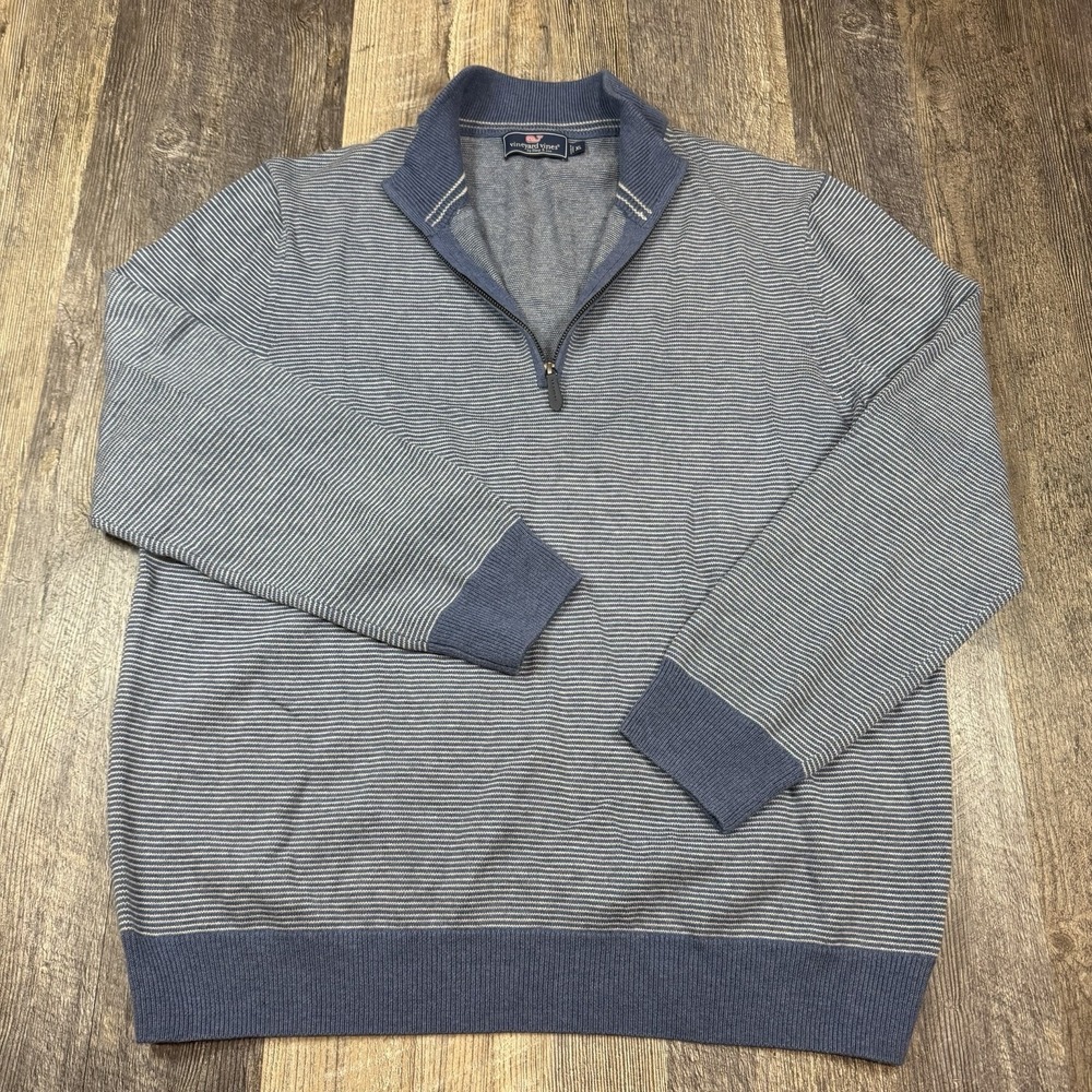 Vineyard Vines Men's XL Blue Striped 1/4 Zip Merino Wool Cotton Sweater Pullover